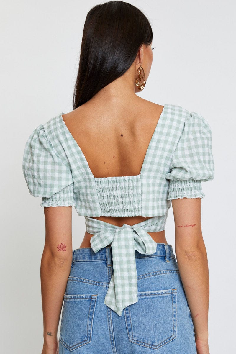 Check Crop Top Short Sleeve Square Neck - Image 6