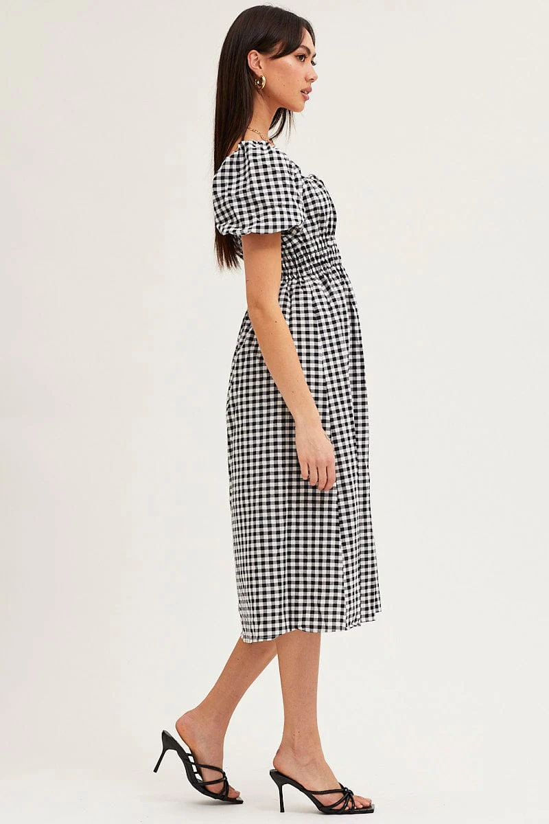 Check Dress Short Sleeve Midi Square Neck - Image 4