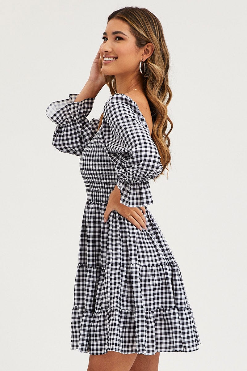 Check Fit And Flare Dress Long Sleeve Sweetheart Neck - Image 4