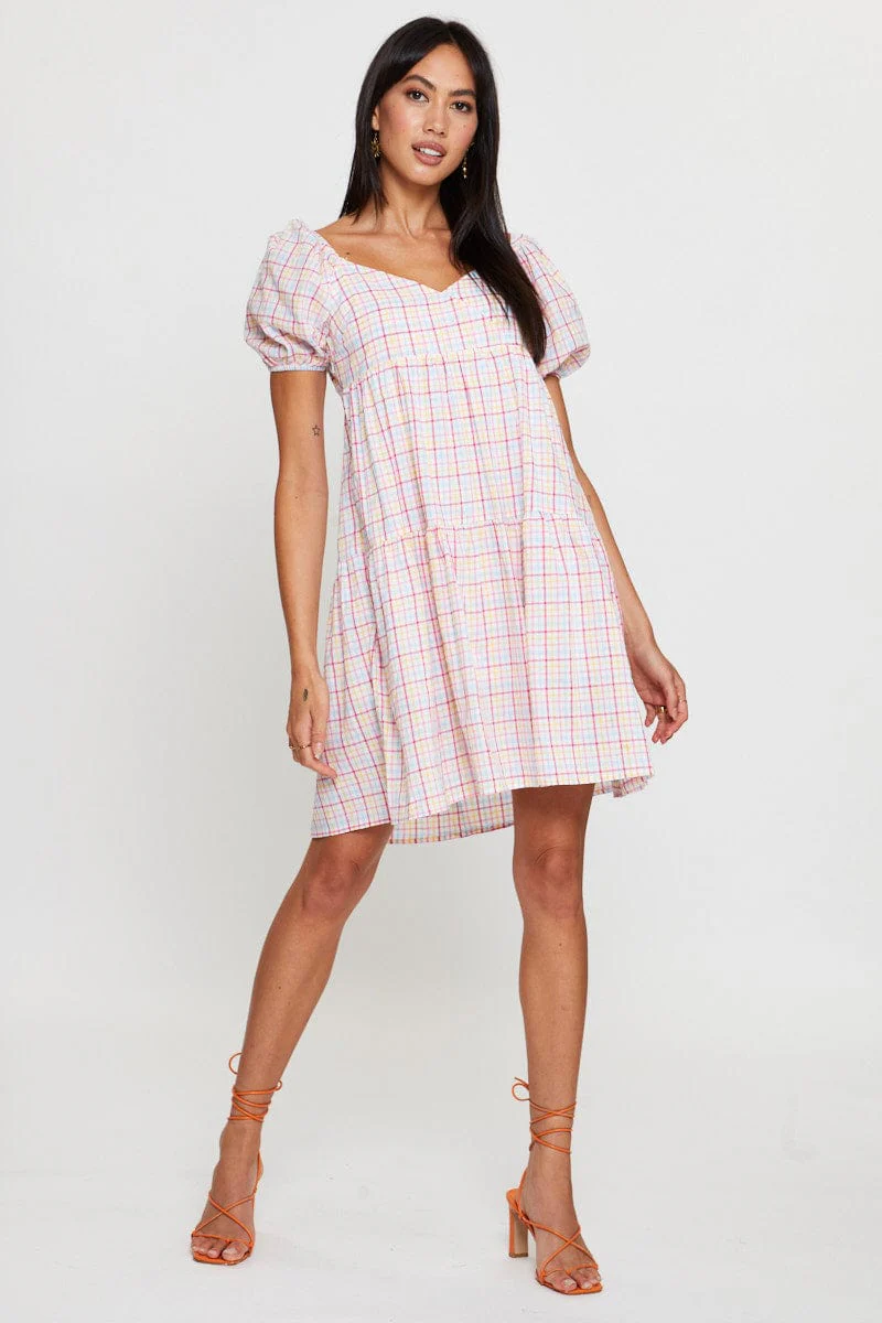 Check Fit And Flare Dress Short Sleeve Sweetheart Neck - Image 2