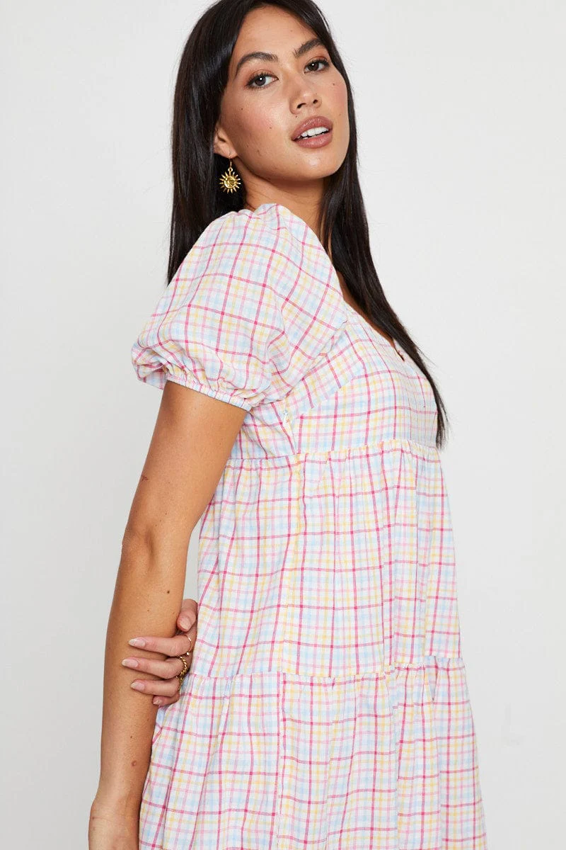 Check Fit And Flare Dress Short Sleeve Sweetheart Neck - Image 3