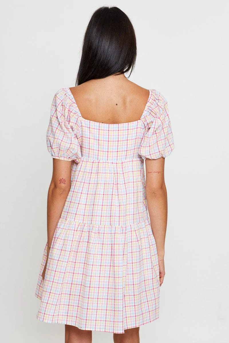 Check Fit And Flare Dress Short Sleeve Sweetheart Neck - Image 5