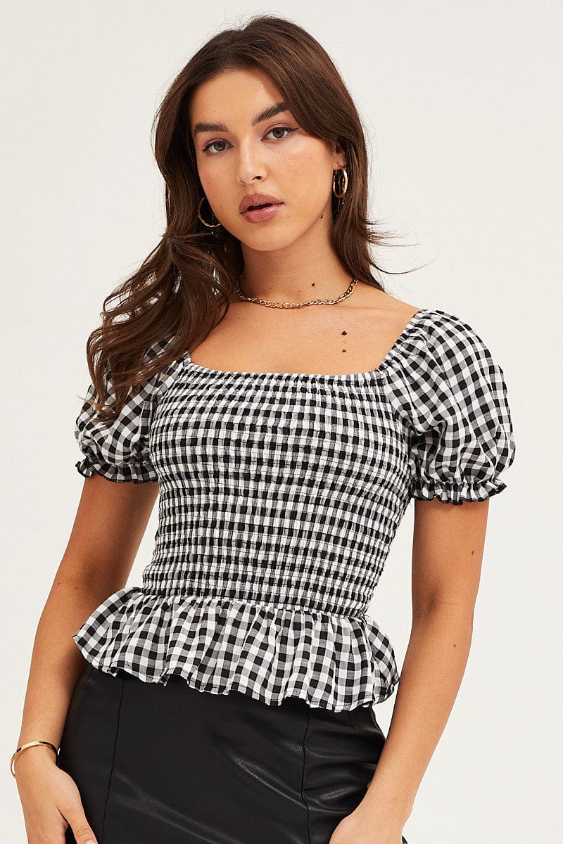 Check Gingham Puff Sleeve Shirred Top - Image 3