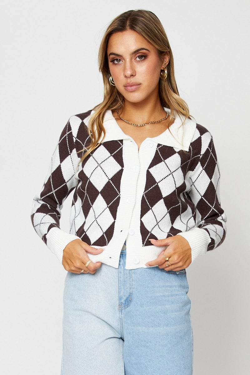 Check Knit Cardigan Long Sleeve Collared - Image 3