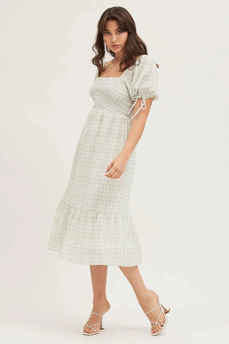 Check Midi Dress Short Sleeve Evening - Image 3