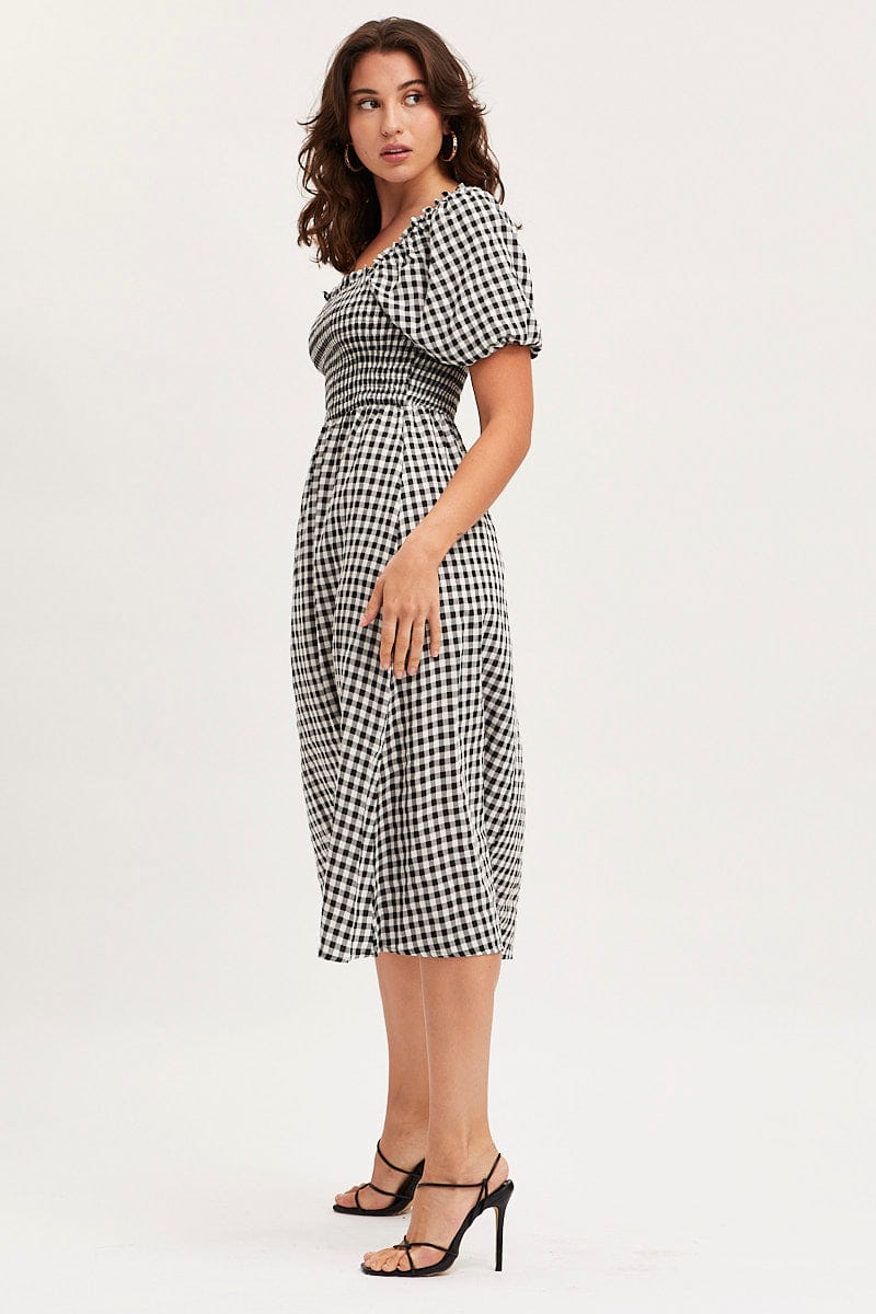 Check Midi Dress Short Sleeve Square Neck - Image 4