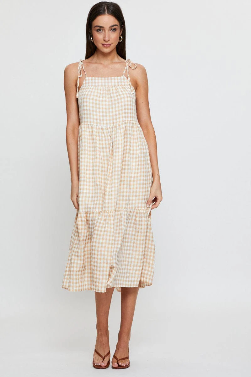 Check Midi Dress Sleeveless Tie Shoulder - Image 3