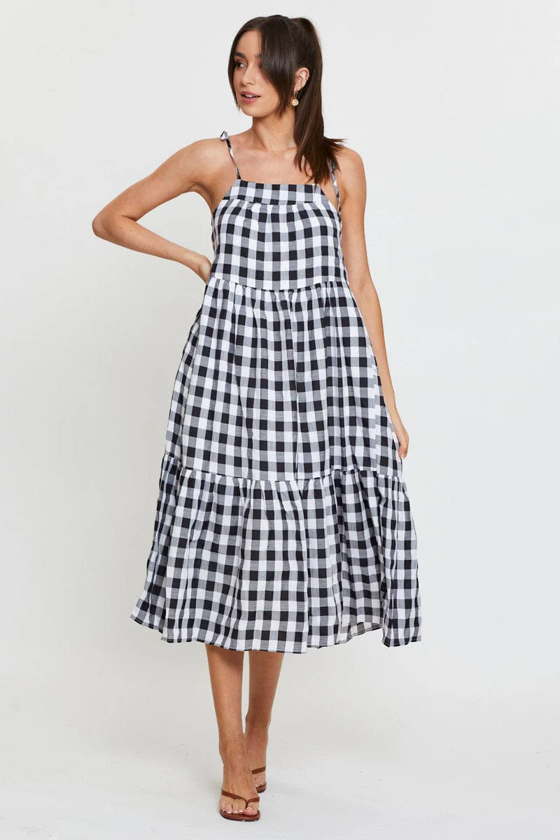 Check Midi Dress Sleeveless Tie Shoulder - Image 3