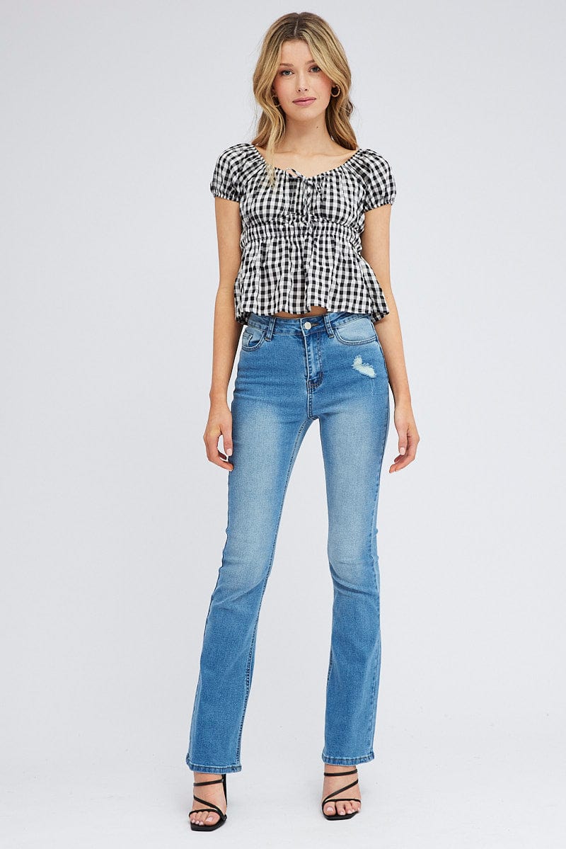 Check Peplum Top Short Sleeve Gathered Bust - Image 2