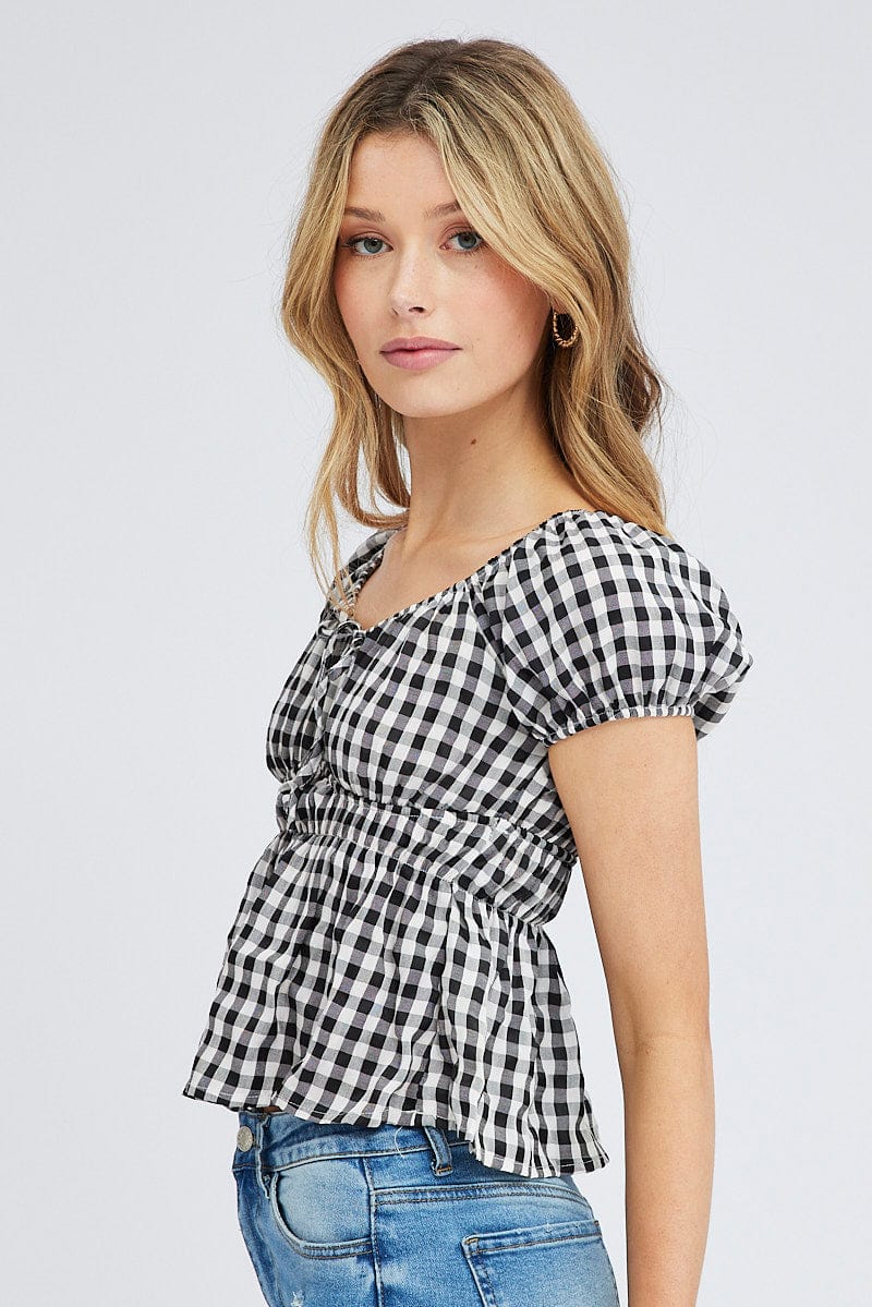 Check Peplum Top Short Sleeve Gathered Bust - Image 4