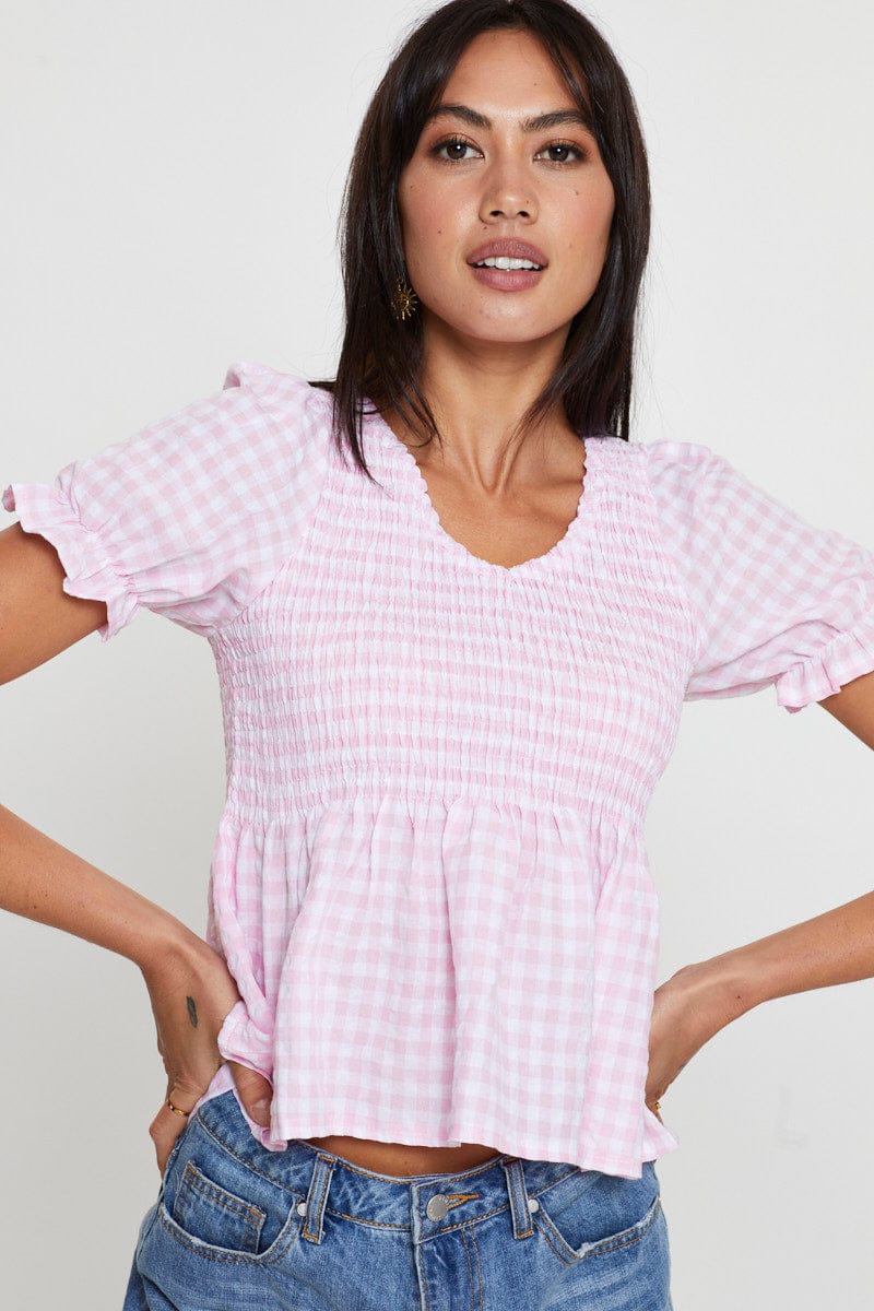 Check Puff Sleeve Top Short Sleeve - Image 2