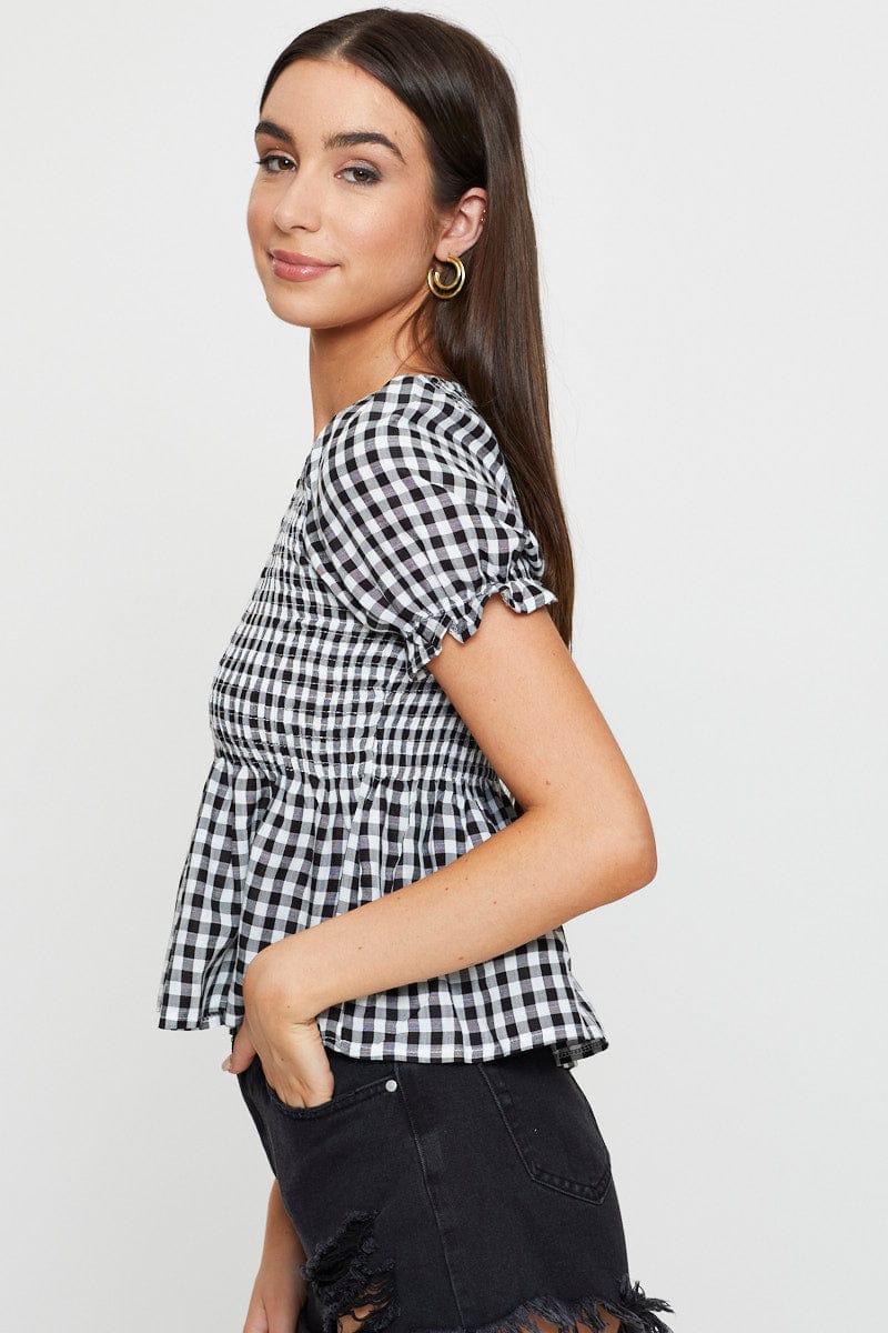 Check Puff Sleeve Top Short Sleeve - Image 4