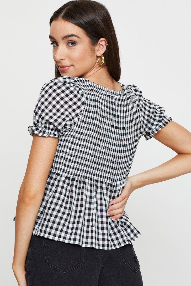 Check Puff Sleeve Top Short Sleeve - Image 5