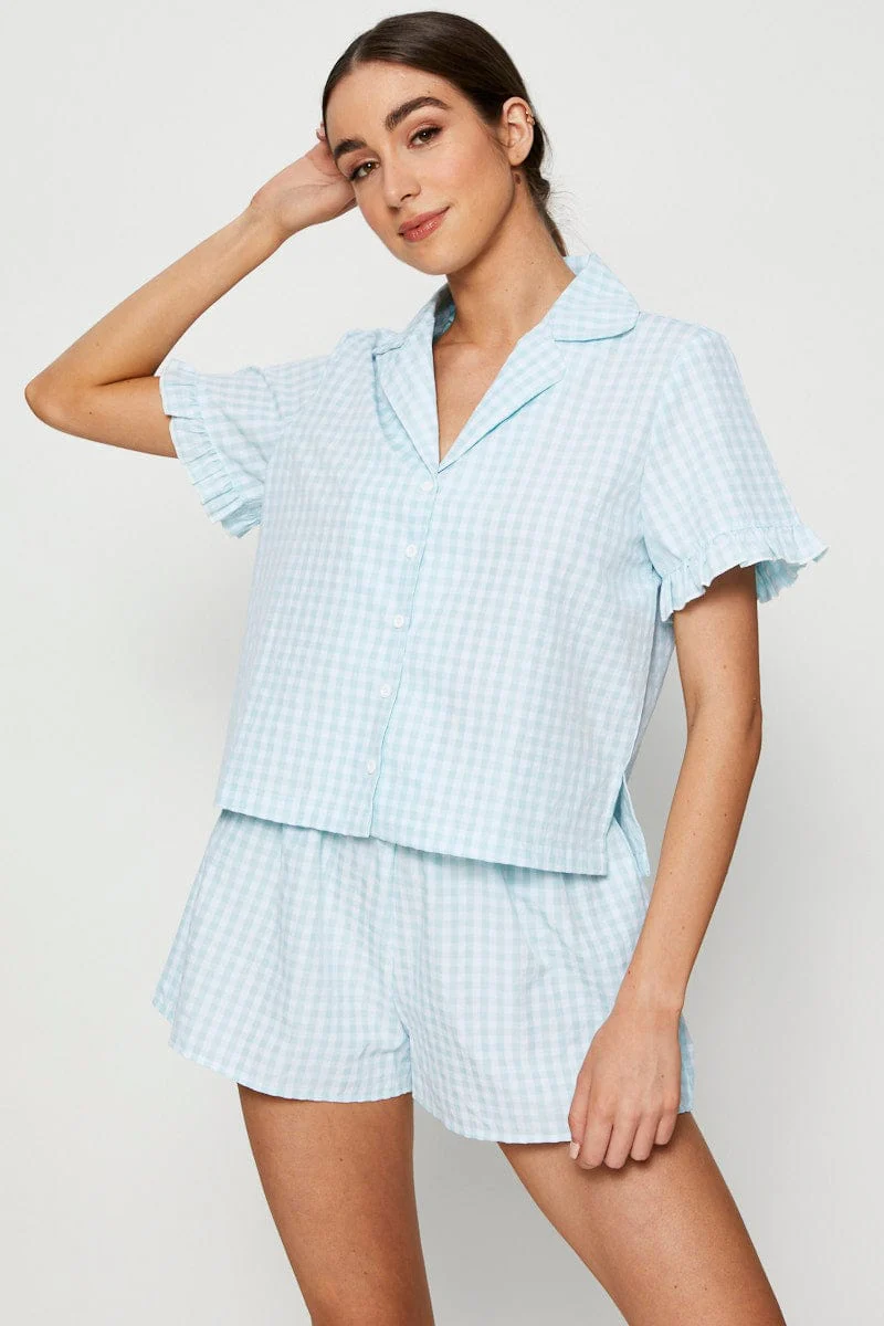 Check Rufflle Sleeve Pajamas Set Short Sleeve - Image 3