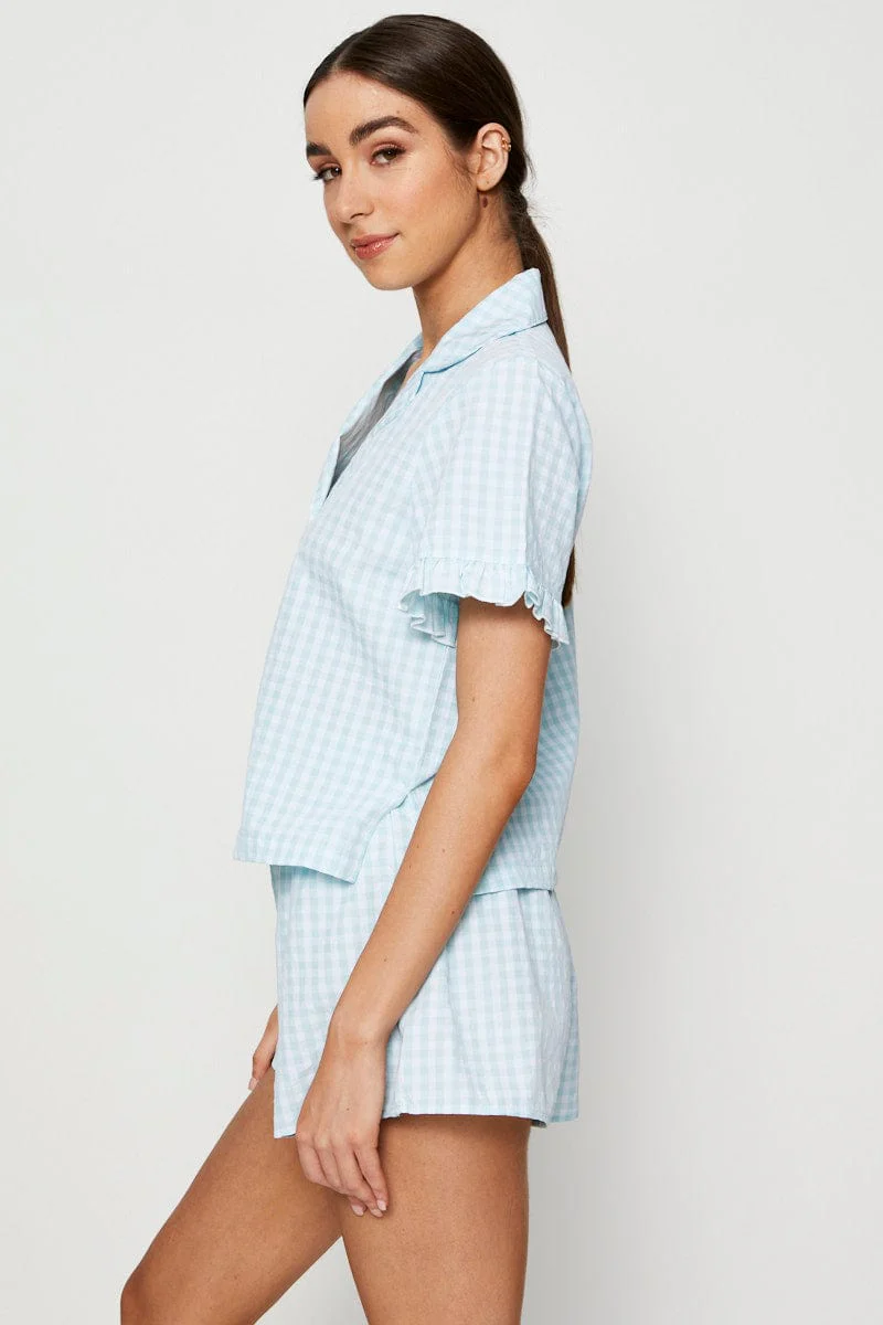 Check Rufflle Sleeve Pajamas Set Short Sleeve - Image 4