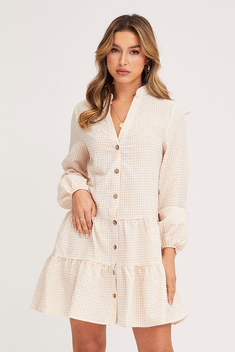 Check Shirt Dress Long Sleeve V Neck - Image 3