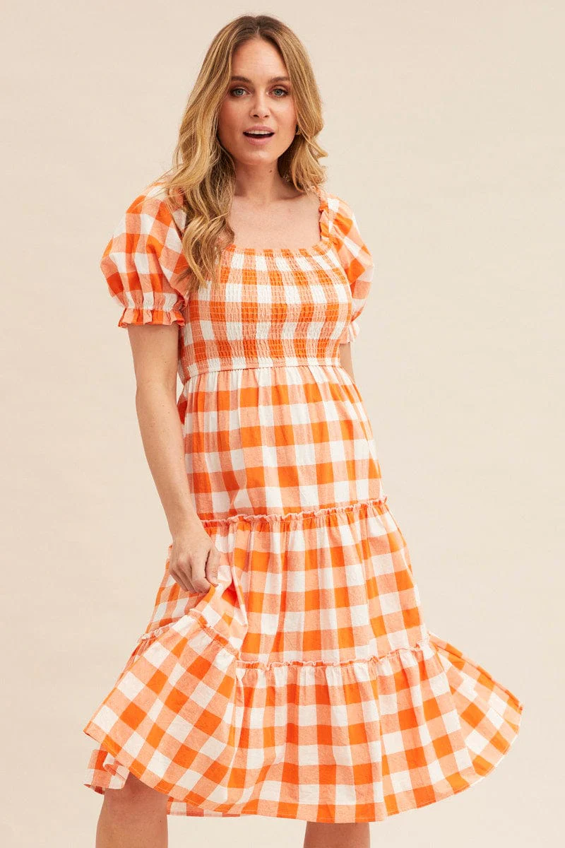 Check Short Sleeve Shirred Midi Dress - Image 2