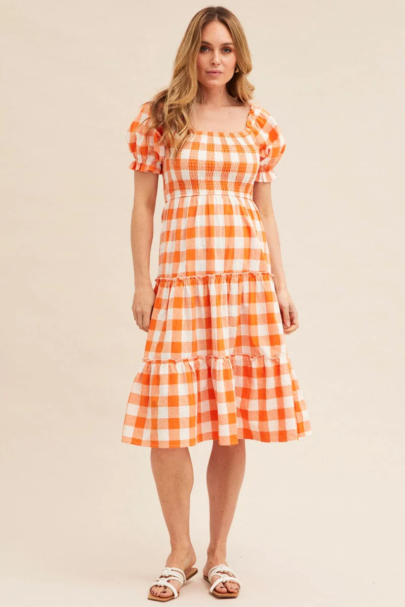 Check Short Sleeve Shirred Midi Dress - Image 3