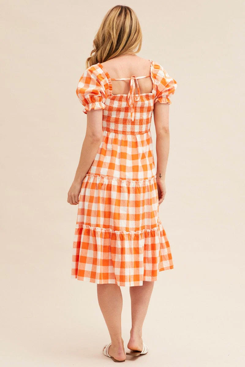 Check Short Sleeve Shirred Midi Dress - Image 4