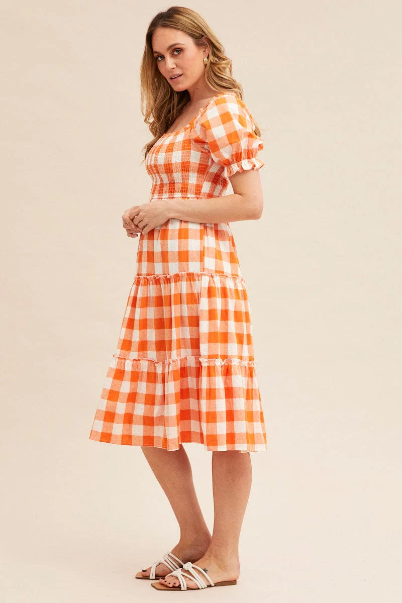 Check Short Sleeve Shirred Midi Dress - Image 5