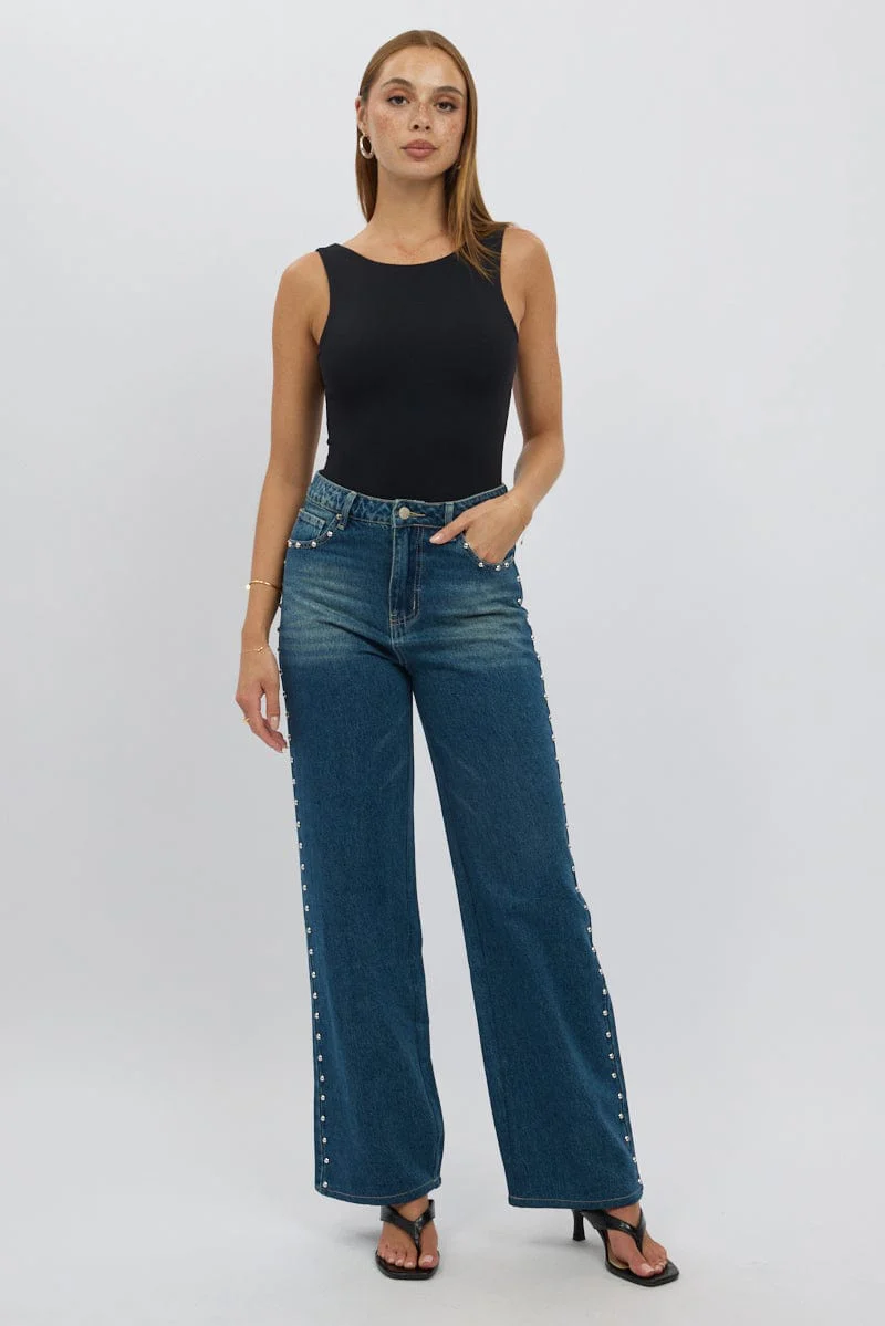 Denim Baggy Jeans Stud Detail - Image 2