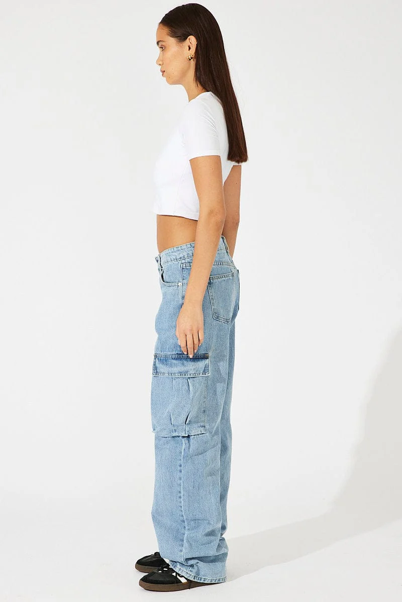 Denim Cargo Jeans High Rise Out Pocket - Image 3