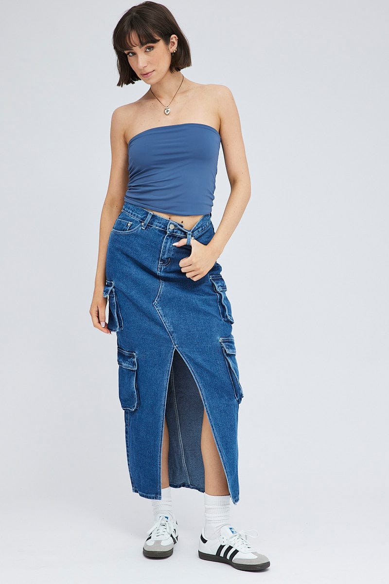 Denim Cargo Skirt Mid Rise Maxi Utility Pocket Details - Image 3