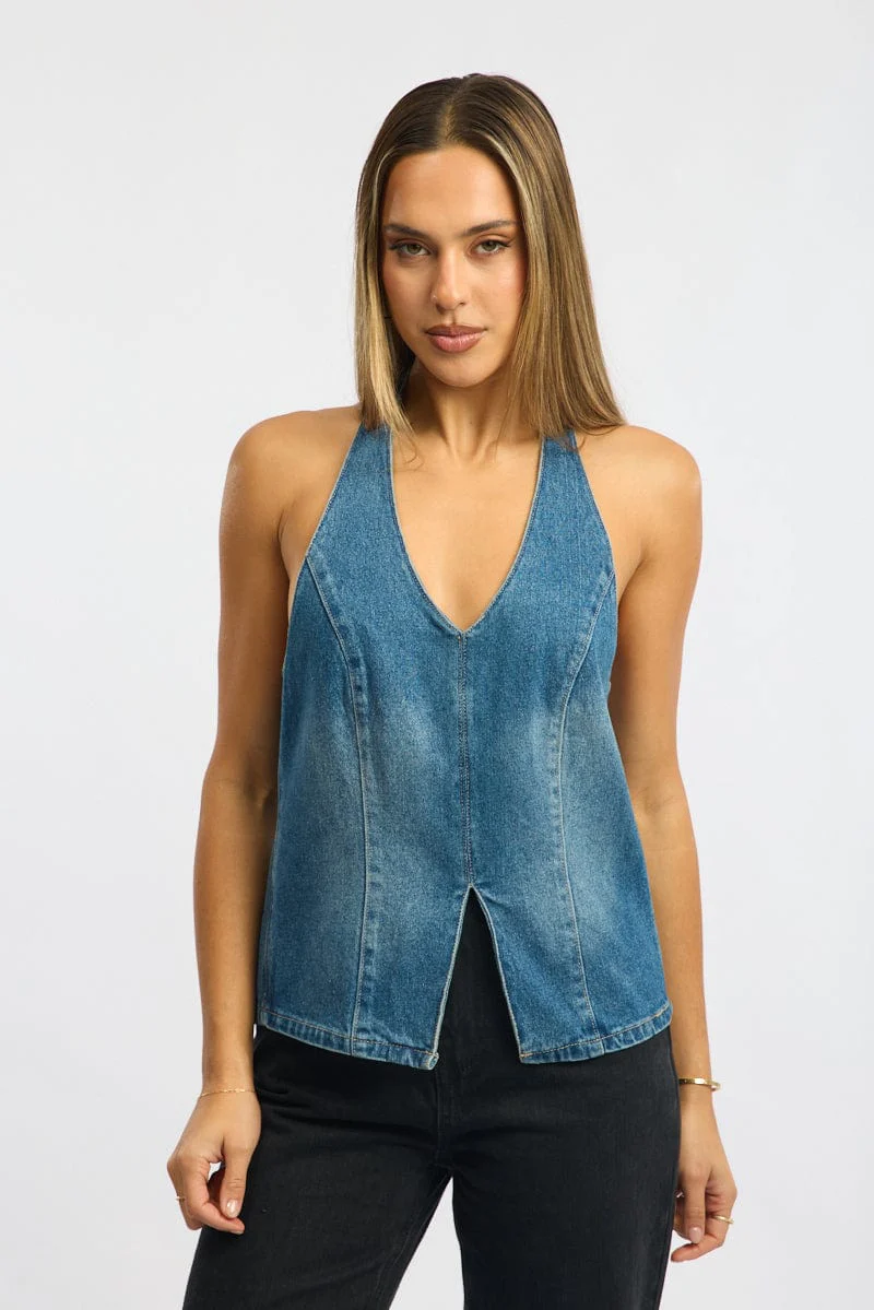 Denim Halter Top Sleeveless Tie Back