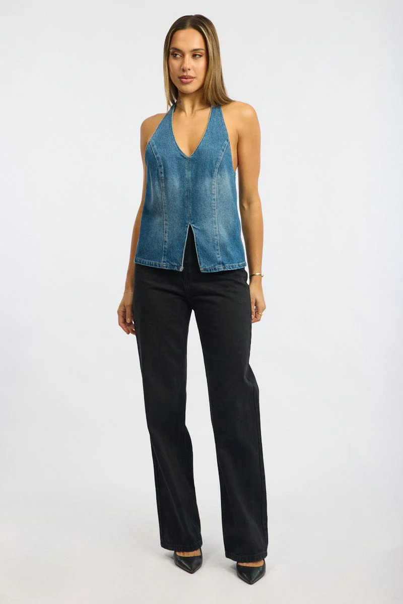 Denim Halter Top Sleeveless Tie Back - Image 2