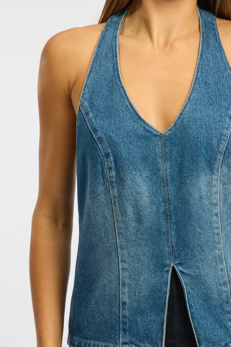 Denim Halter Top Sleeveless Tie Back - Image 5