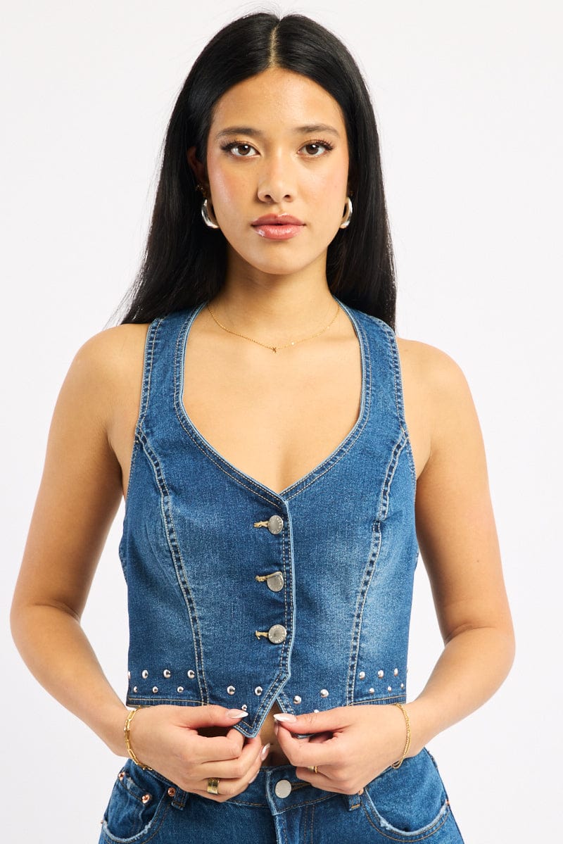 Denim Halter Top Sleeveless V-neck Denim Studded - Image 2