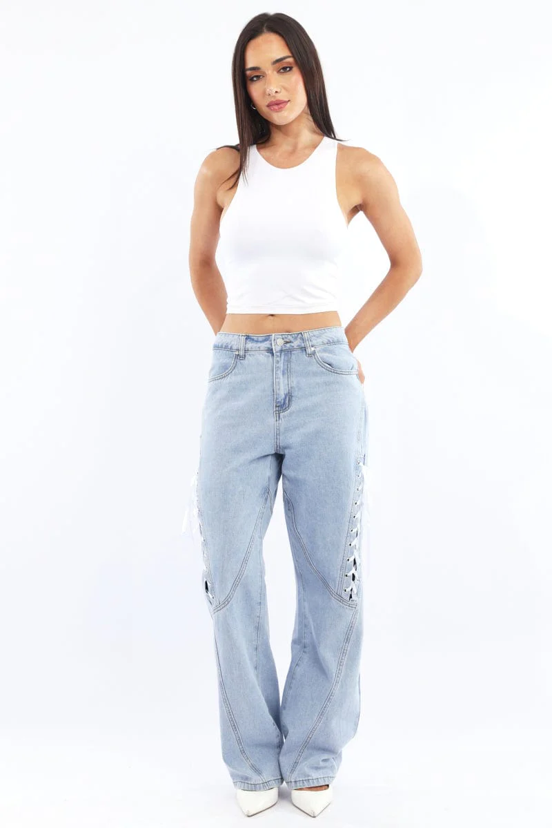 Denim Lace Up Wide Leg Jeans - Image 2