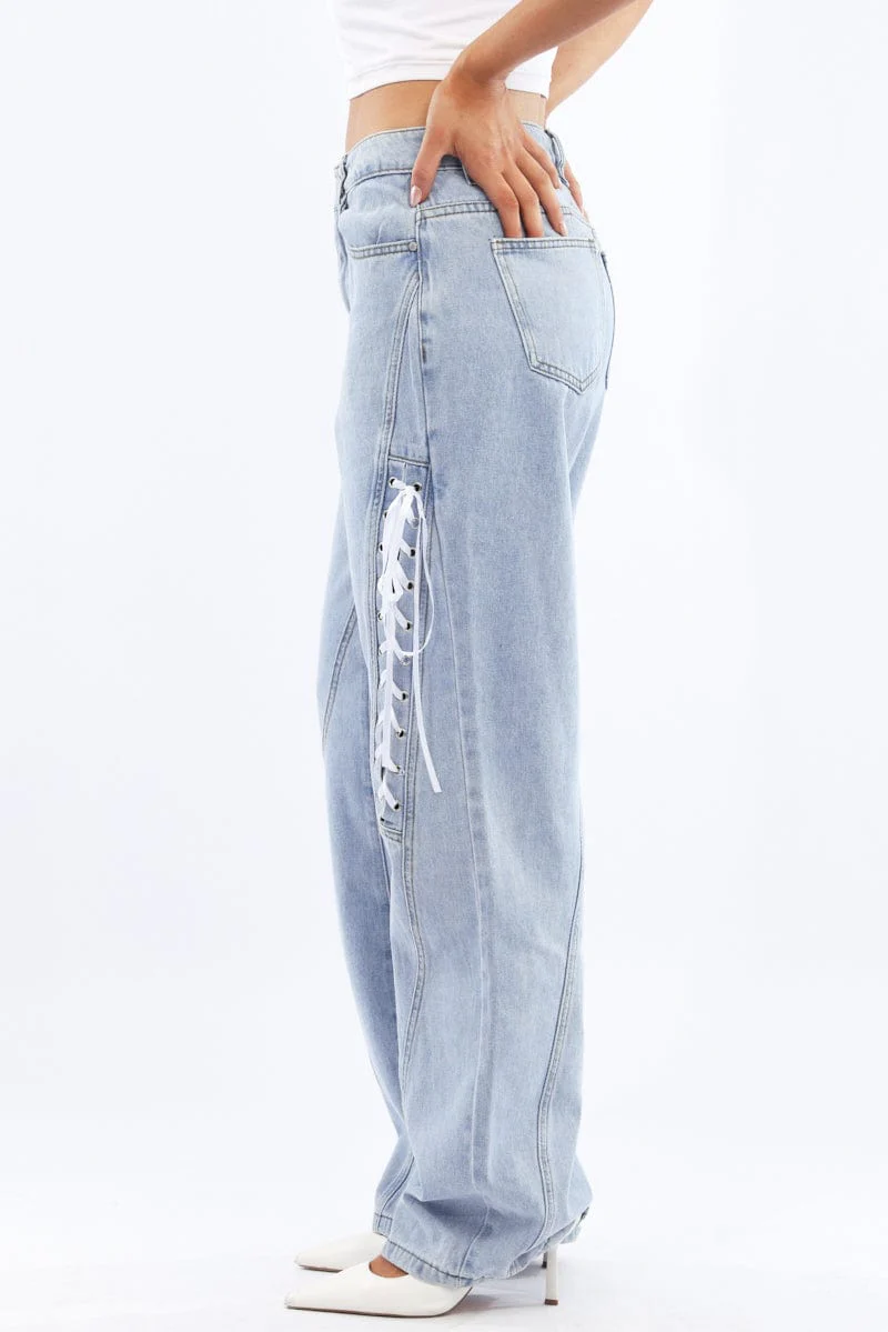 Denim Lace Up Wide Leg Jeans - Image 4