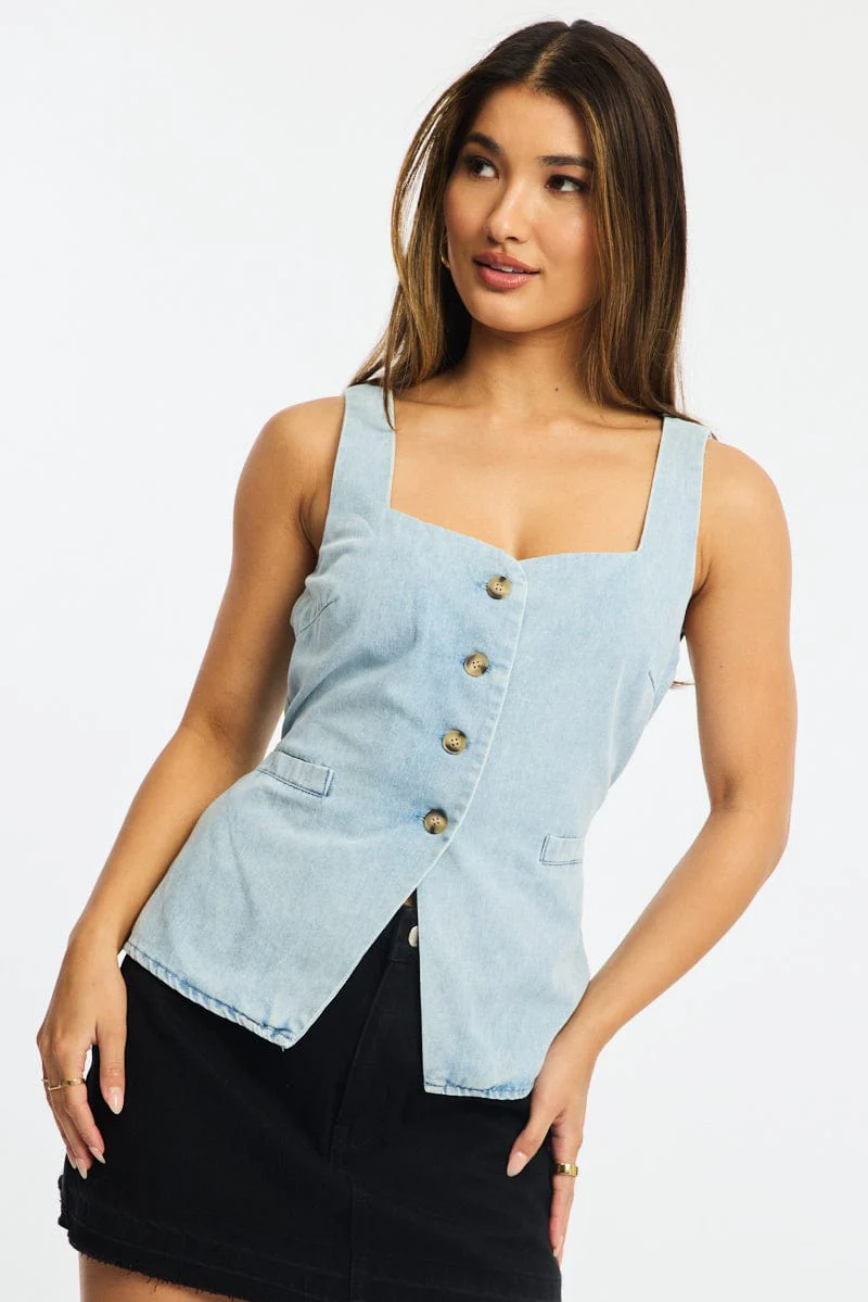 Denim Longline Vest Top Sleeveless Square Neck Denim