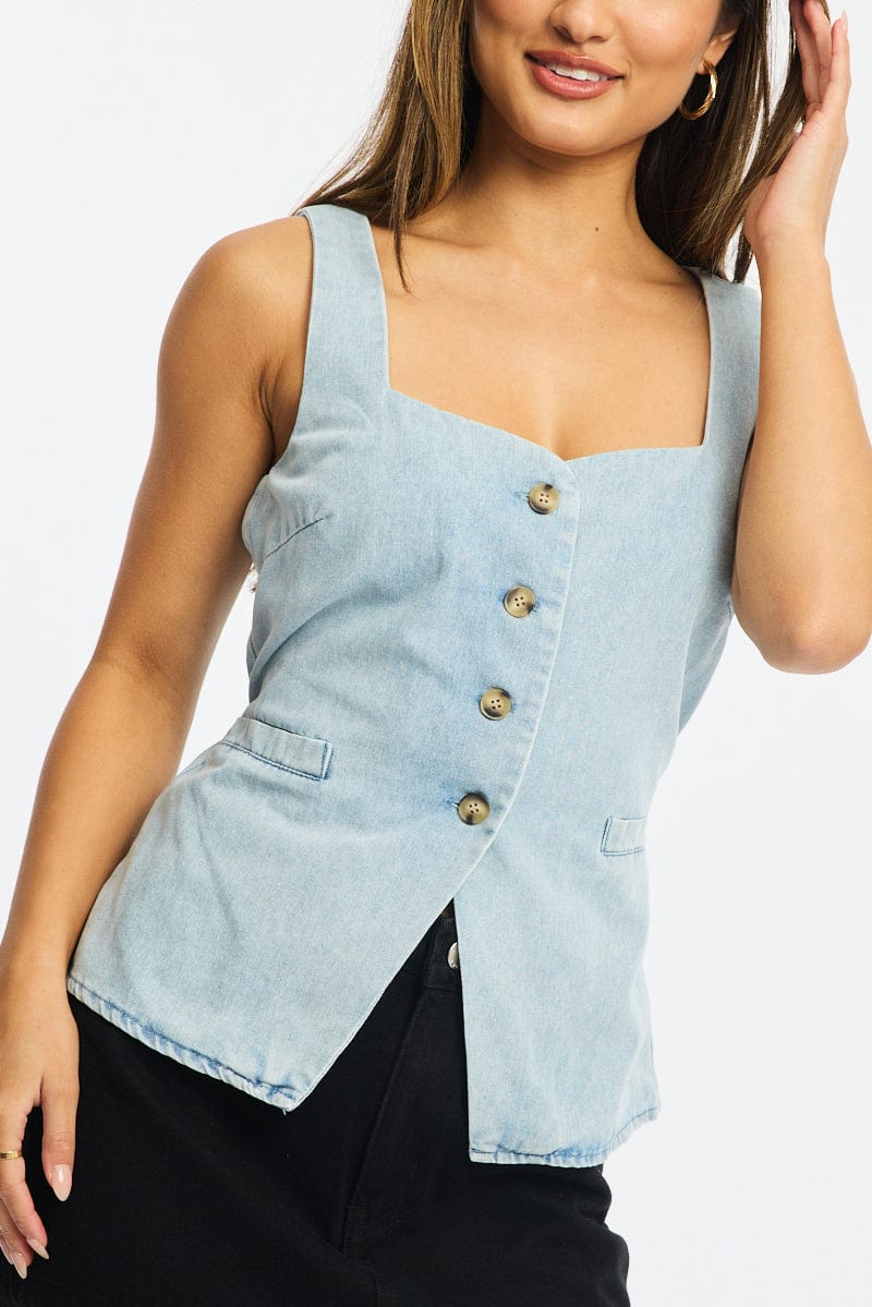 Denim Longline Vest Top Sleeveless Square Neck Denim - Image 5