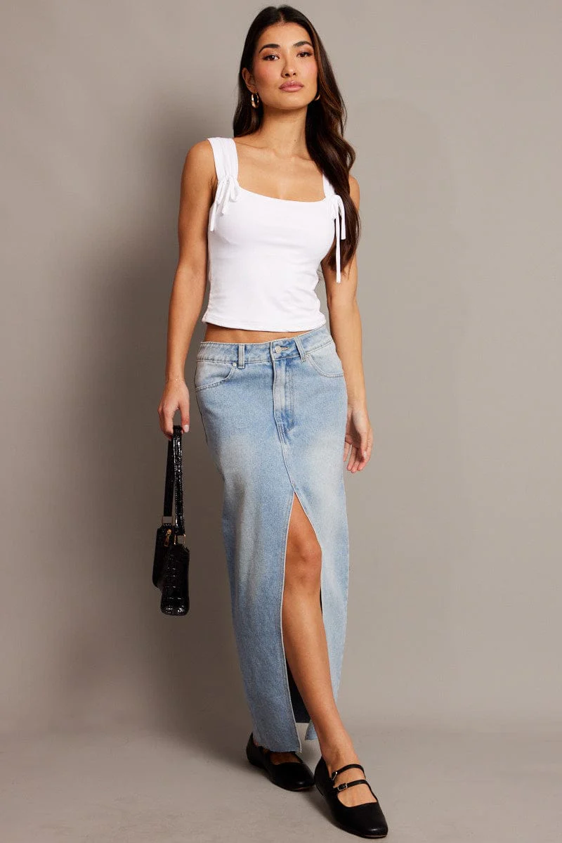 Denim Maxi Skirt High Rise Front Split - Image 2
