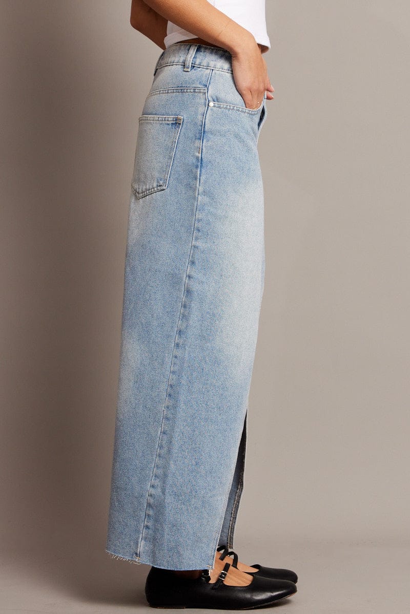 Denim Maxi Skirt High Rise Front Split - Image 4