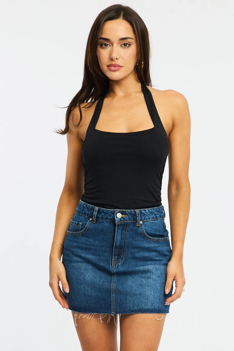 Denim Mini Skirt Mid Rise Raw Edge