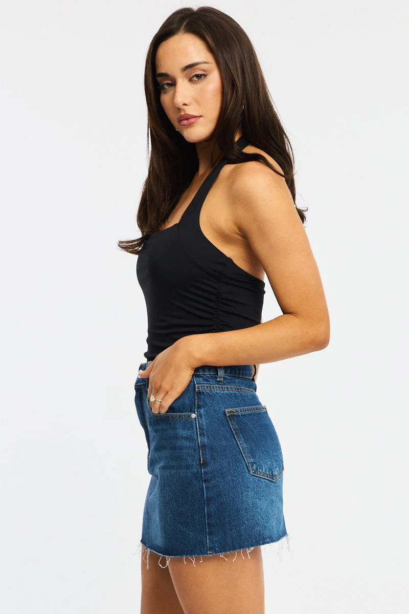 Denim Mini Skirt Mid Rise Raw Edge - Image 4