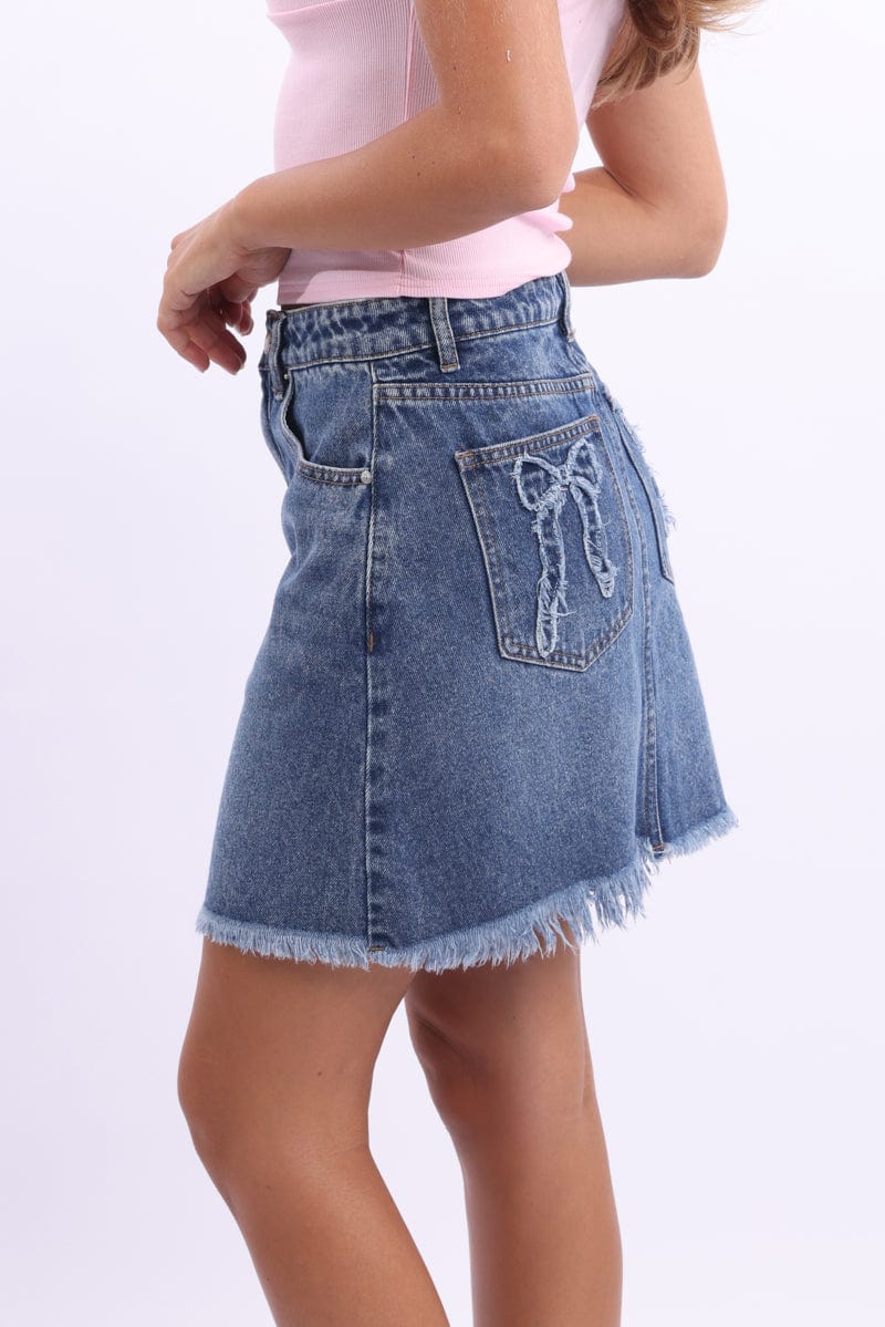 Denim Mini Skirt Mid Rise Relaxed Fit Bow Pocket Detail - Image 3