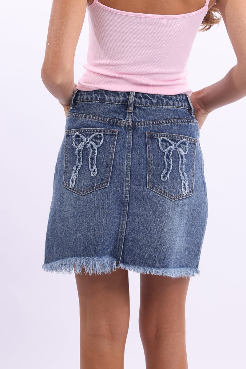 Denim Mini Skirt Mid Rise Relaxed Fit Bow Pocket Detail - Image 4