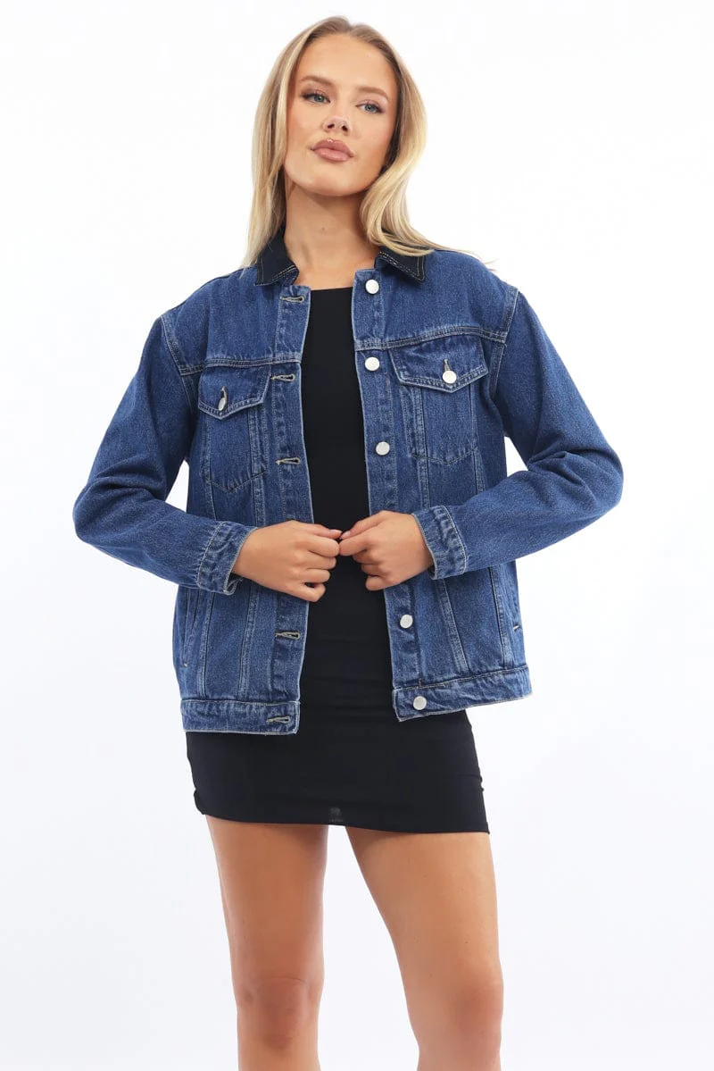 Denim Oversized Jacket Contrast Collar - Image 4