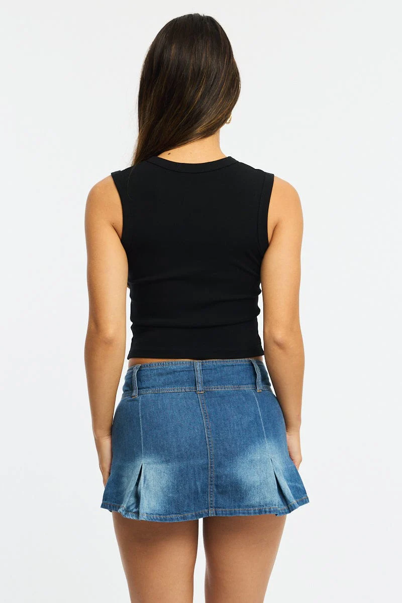 Denim Pleated Mini Skort Skirt Mid Rise - Image 4