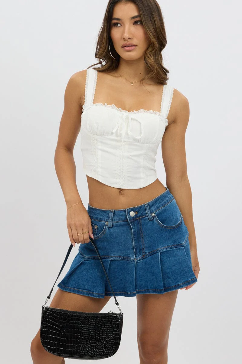 Denim Pleated Skort Mid Rise Mini Stretch Lined - Image 3