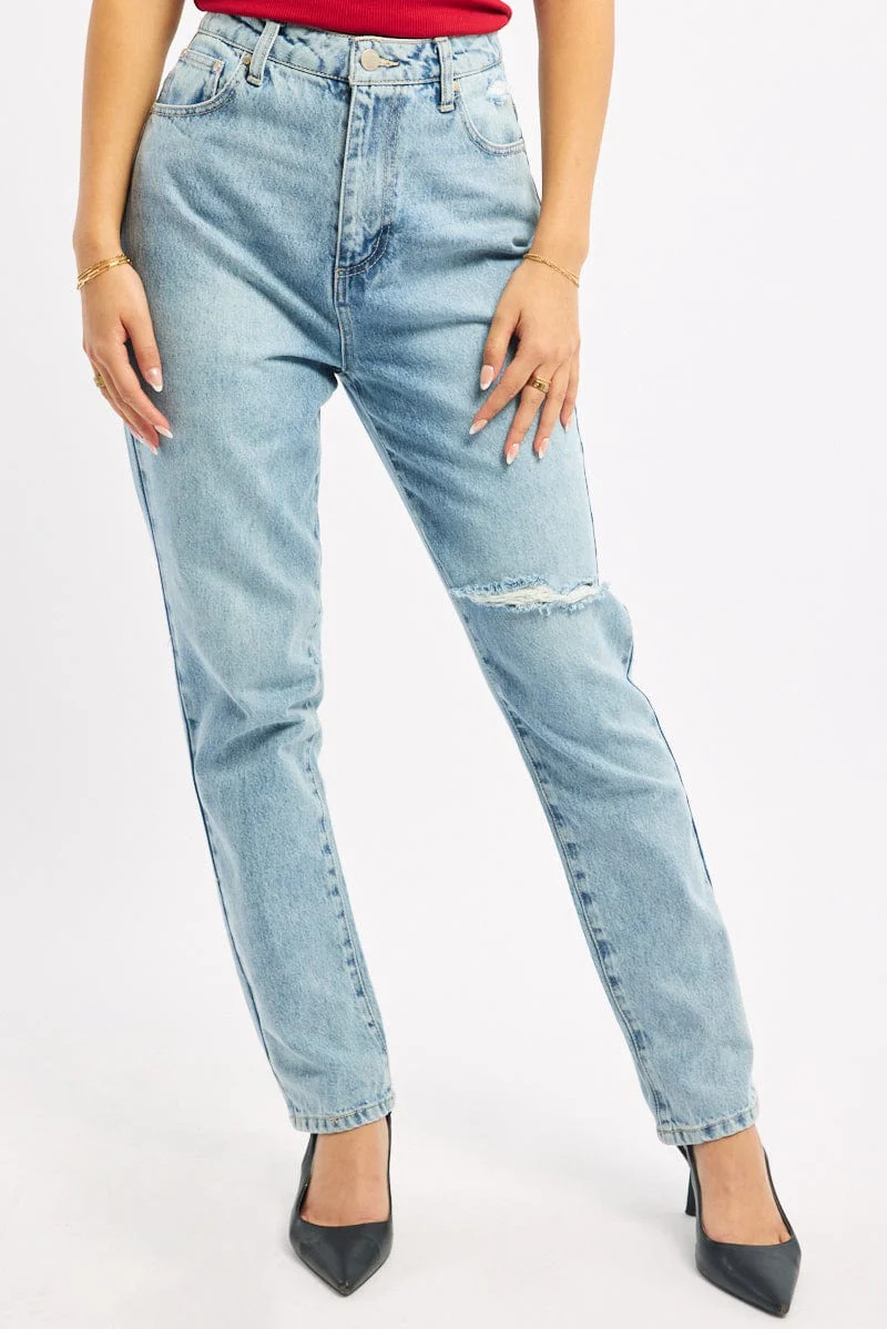 Denim Straight Jeans High Rise Knee Slit - Image 2