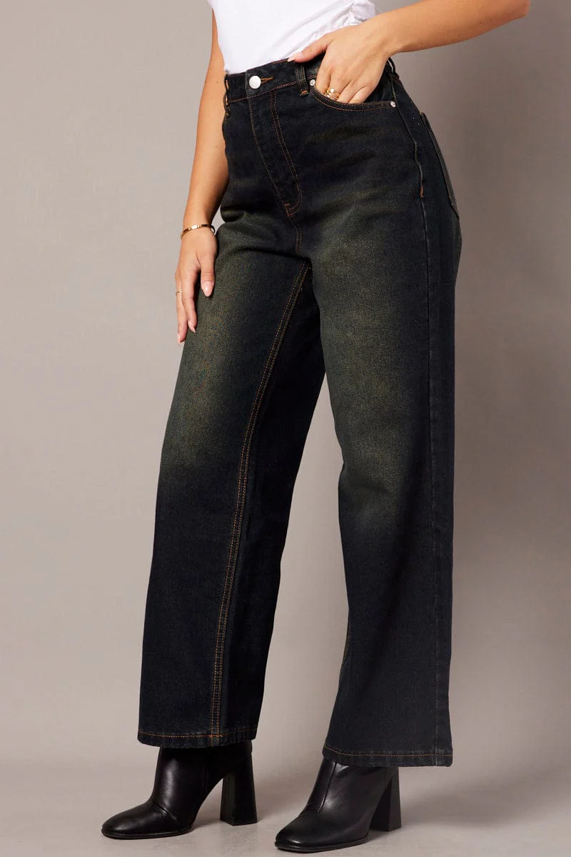 Denim Wide Leg Jean Mid Rise Dirty Wash - Image 4