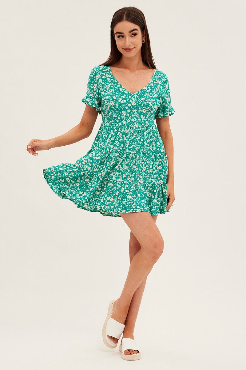 Floral Print Sun Dress Mini Short Sleeve V Neck - Image 2