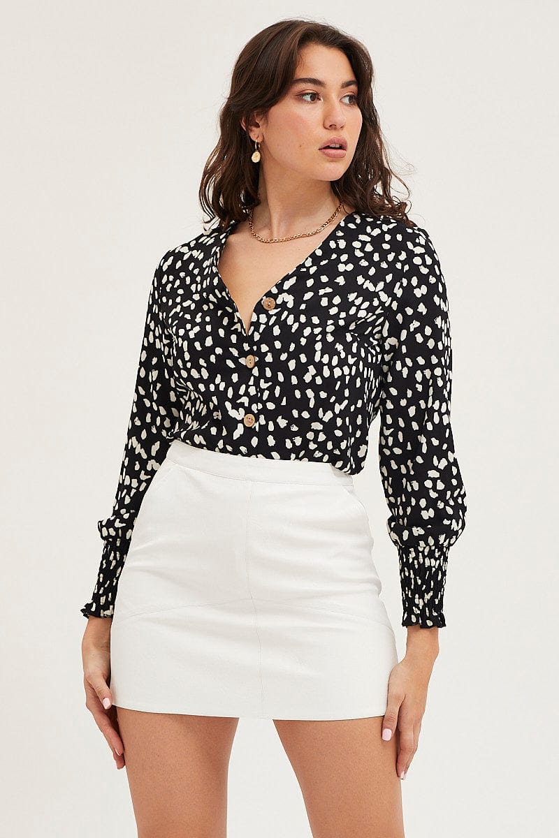 Geo Print Button Front Top Long Sleeve V-Neck - Image 3