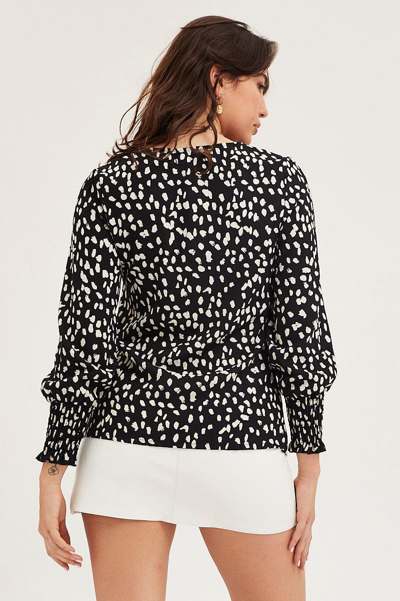 Geo Print Button Front Top Long Sleeve V-Neck - Image 5