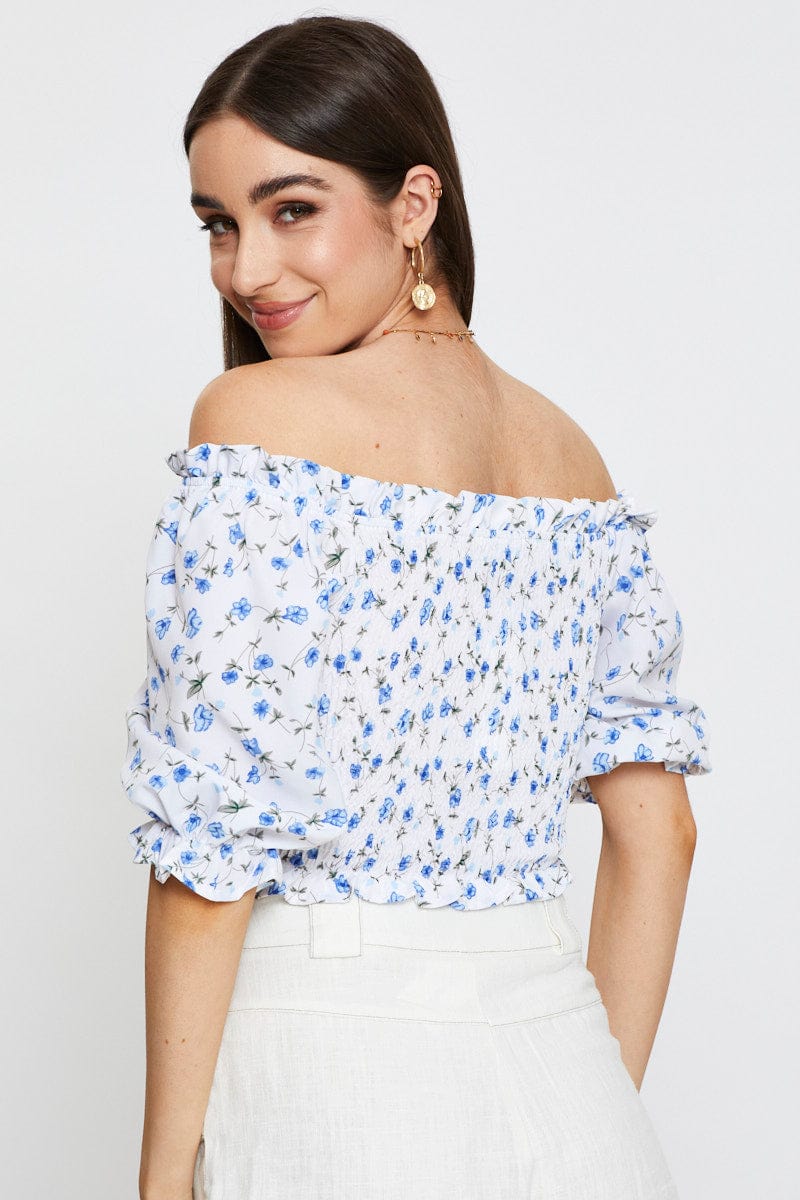 Geo Print Crop Top Short Sleeve Off Shoulder - Image 5